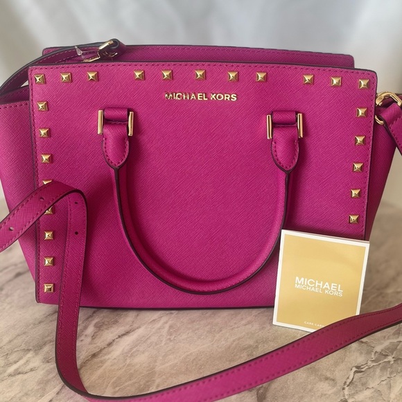 NWT Micheal Kors Medium Selma Saffino Leather Studded Satchel, Hot Pink - Picture 2 of 10